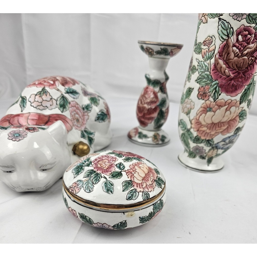 Floral Porcelain Vase Candlestick‎ Trinket Box Cat Decor Set Cottagecore